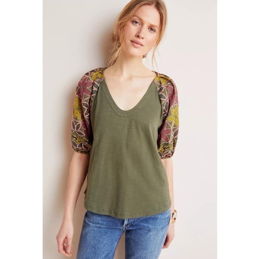 Maeve Anthropologie Bridey Short Sleeve V-neck XS Petite Embroidered Top‎ Green